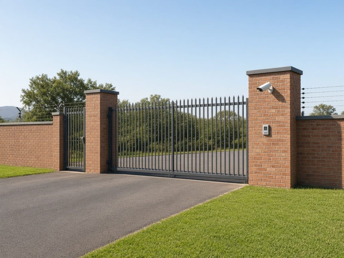 A South African complex gate with palisade fencing and a CCTV camera on the pillar.