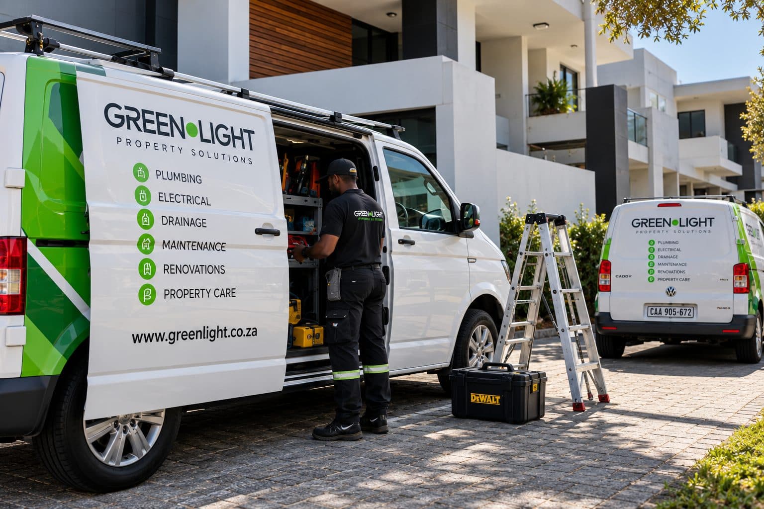 A Green Light van at an apartment building, side door open, with a technician working from the back.