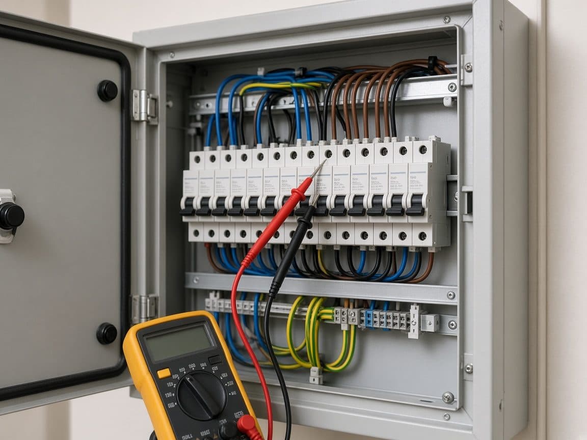 A multimeter on an open house distribution board.