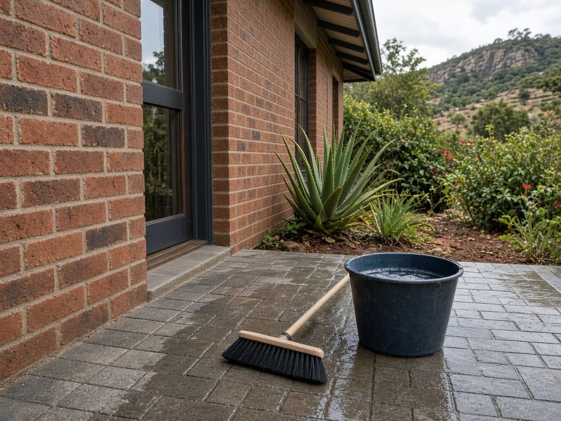 A paved stoep being washed beside a face-brick house.
