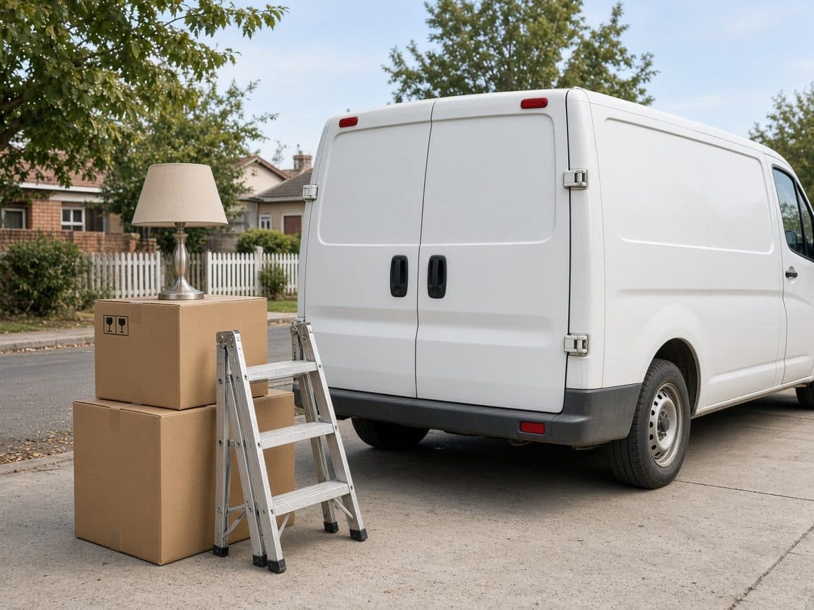 Household boxes and a ladder ready to be transported.