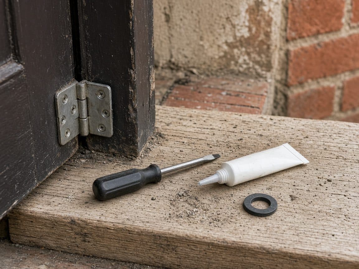 A door hinge, screwdriver, and silicone set out for a small repair.
