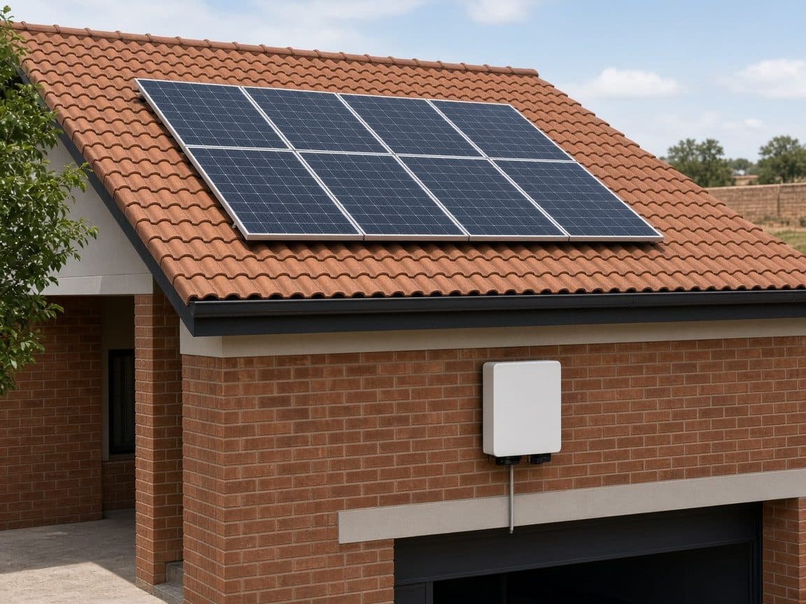 Solar panels on the roof of a face-brick house.