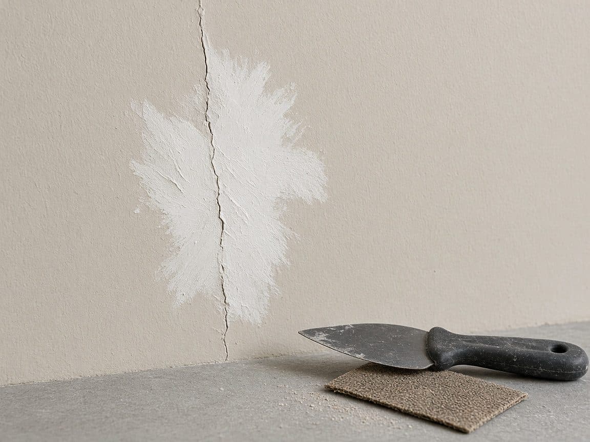 A wall crack being filled, with a plaster trowel beside it.