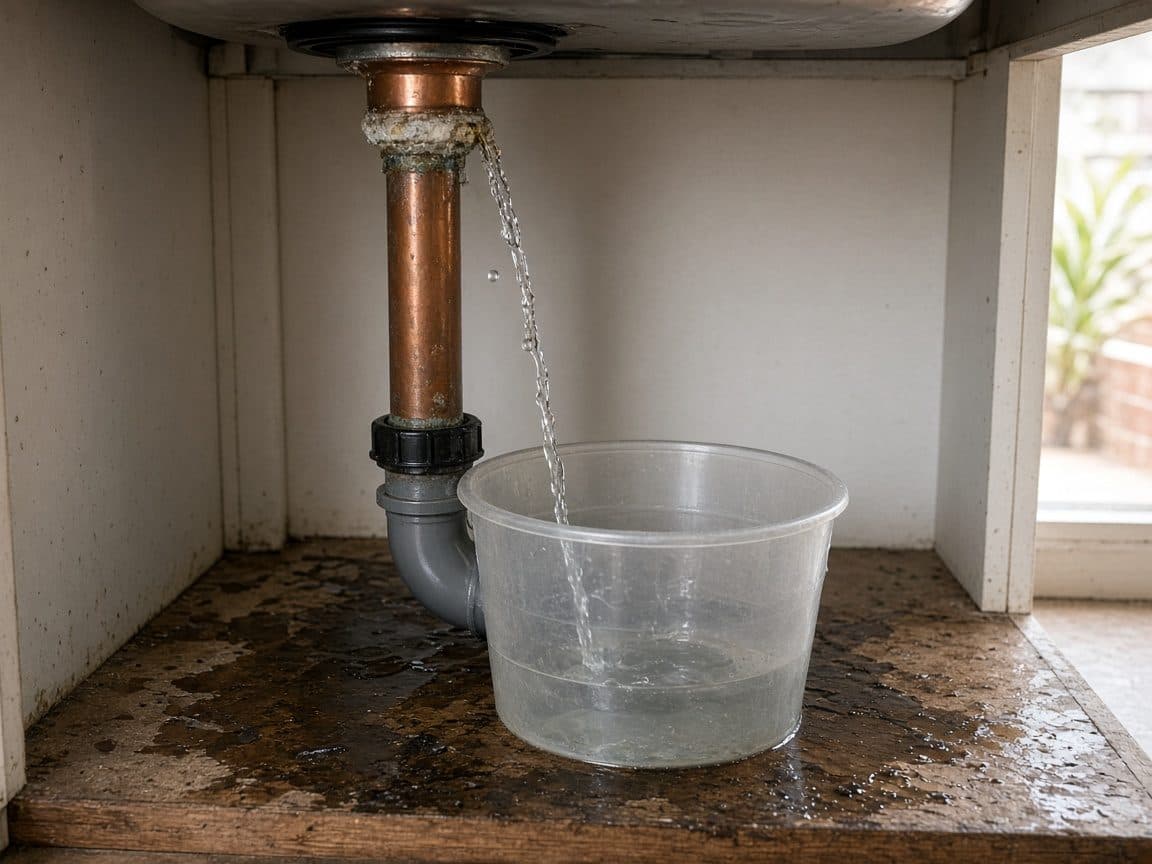 A pipe joint leaking into a bucket under a sink.