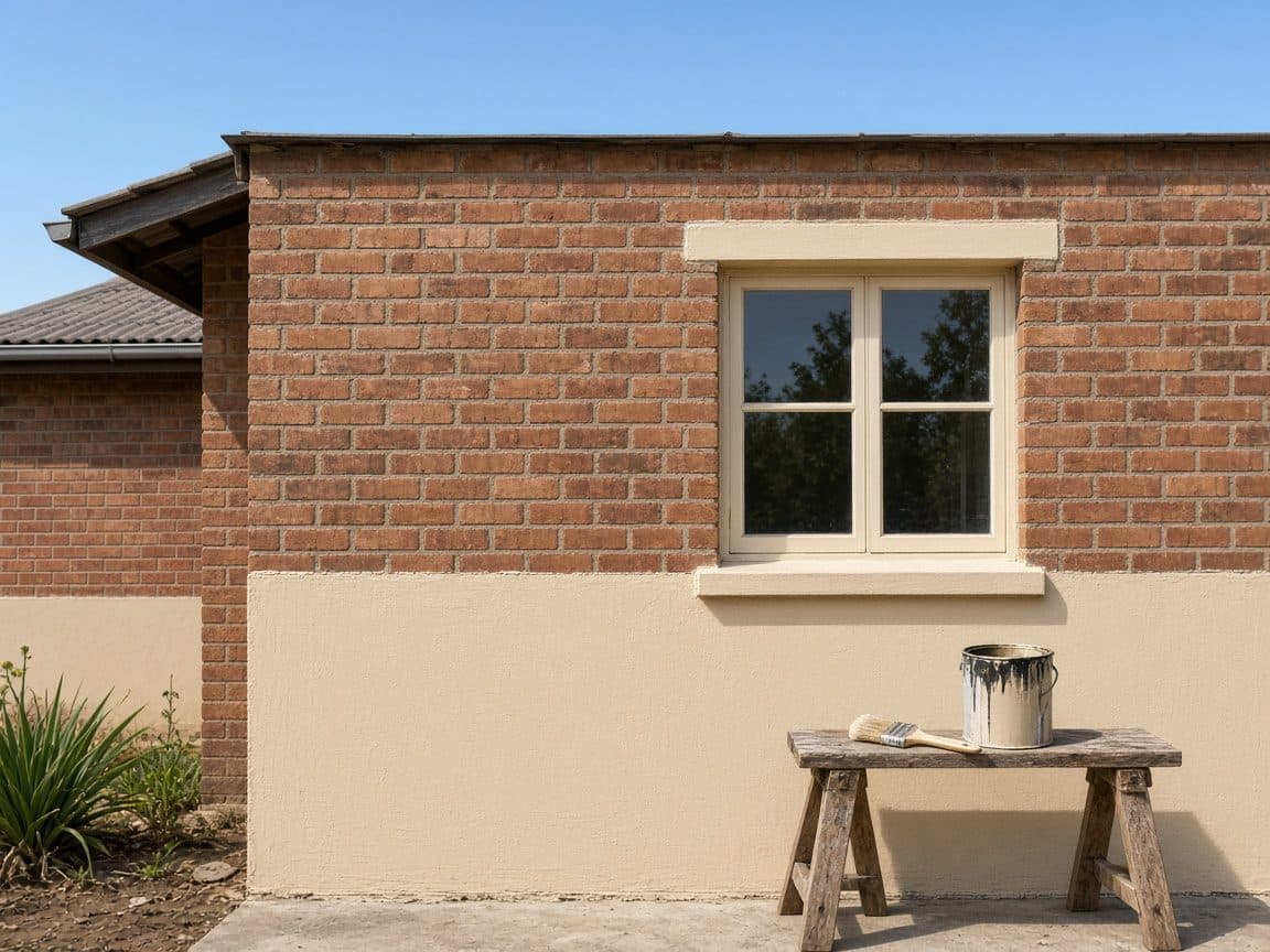 Exterior paint on a face-brick house, with a tin and brush on a trestle.