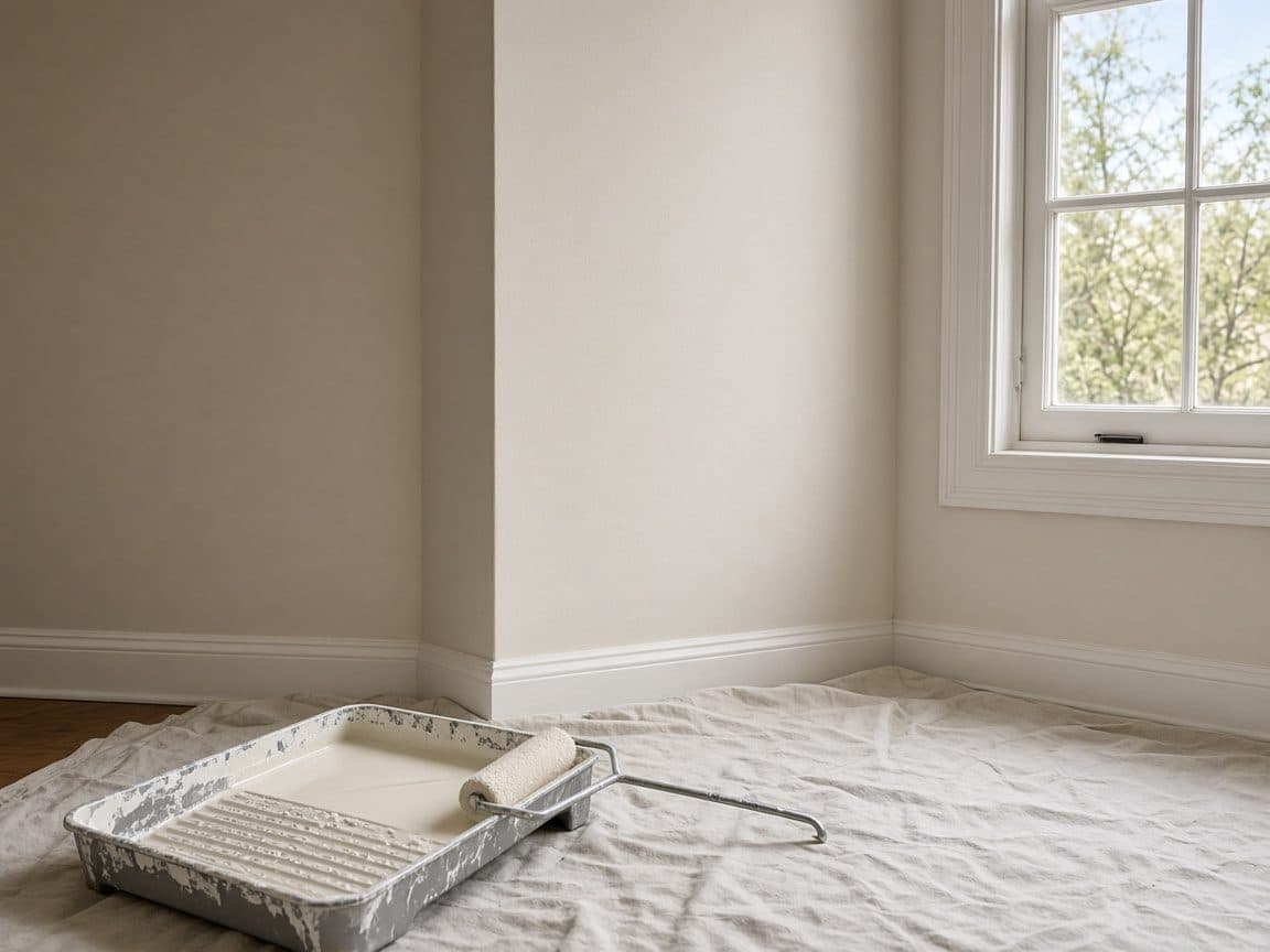 Interior painting underway, with a roller and a freshly painted wall.