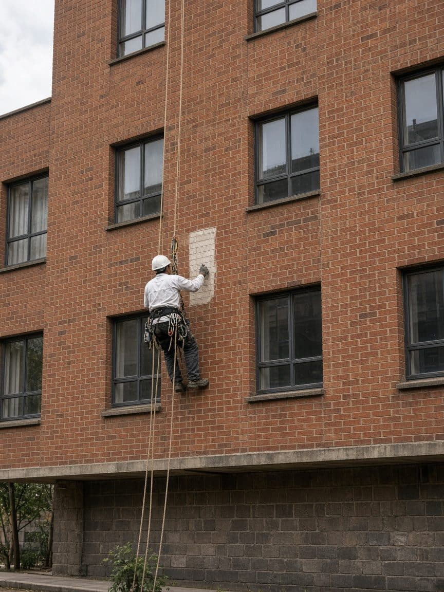 Rope-access painting on a tall face-brick building.