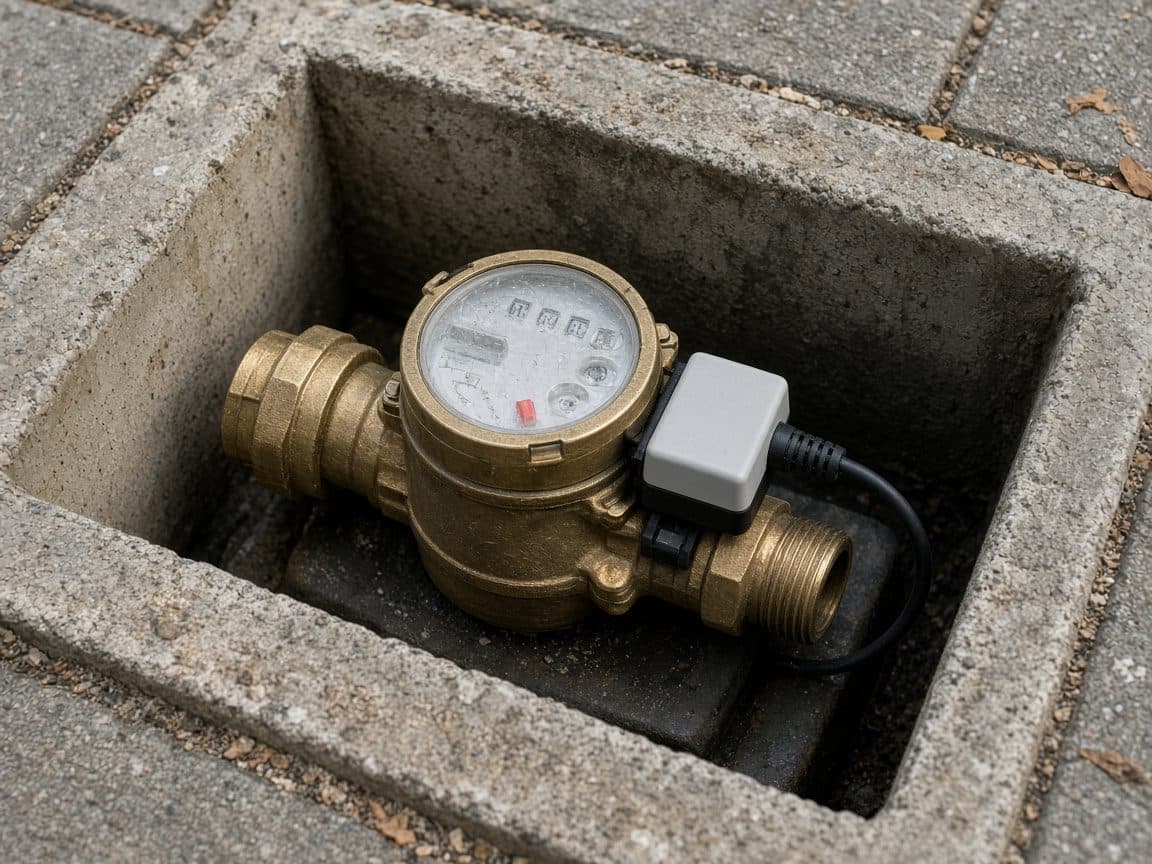 A water meter with a small remote sensor on the pipe.